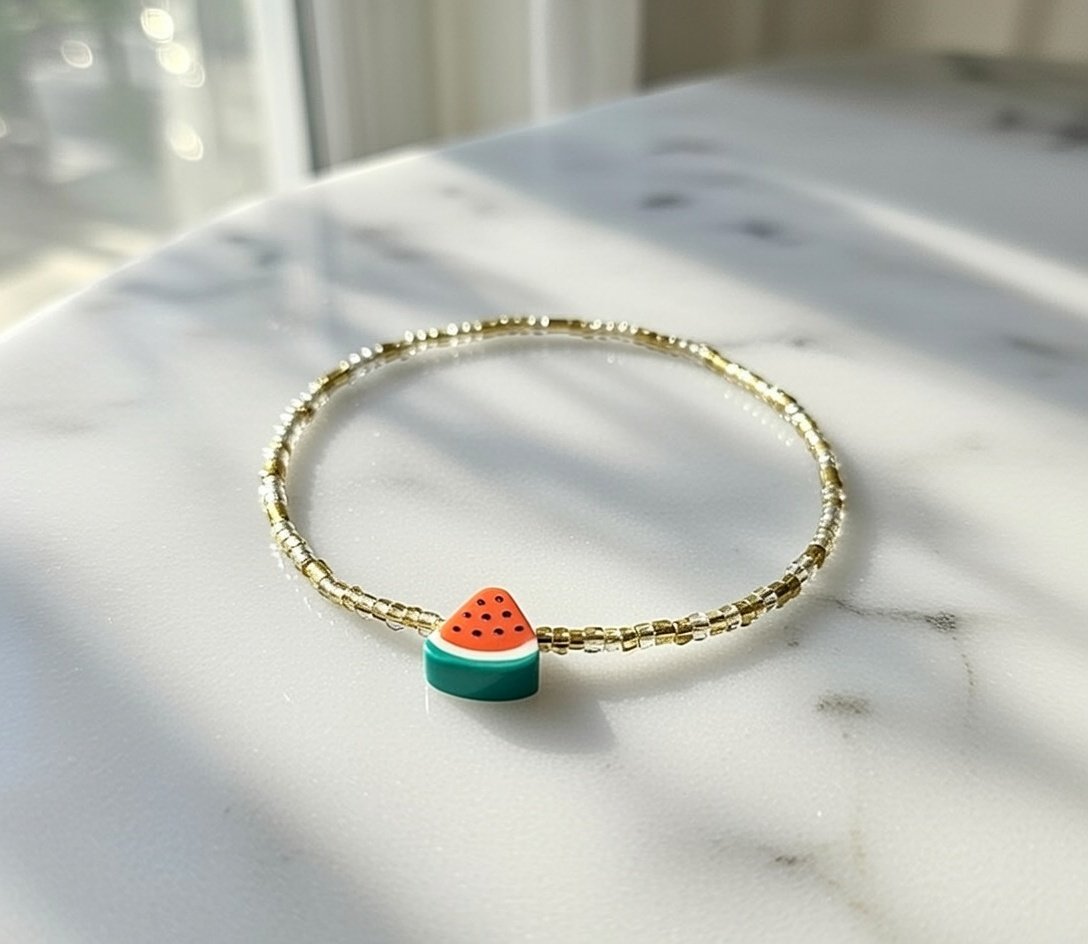 Baqa Bracelet — Gold Tube and Silver Seed Bead Palestinian Solidarity Bracelet with Watermelon Charm