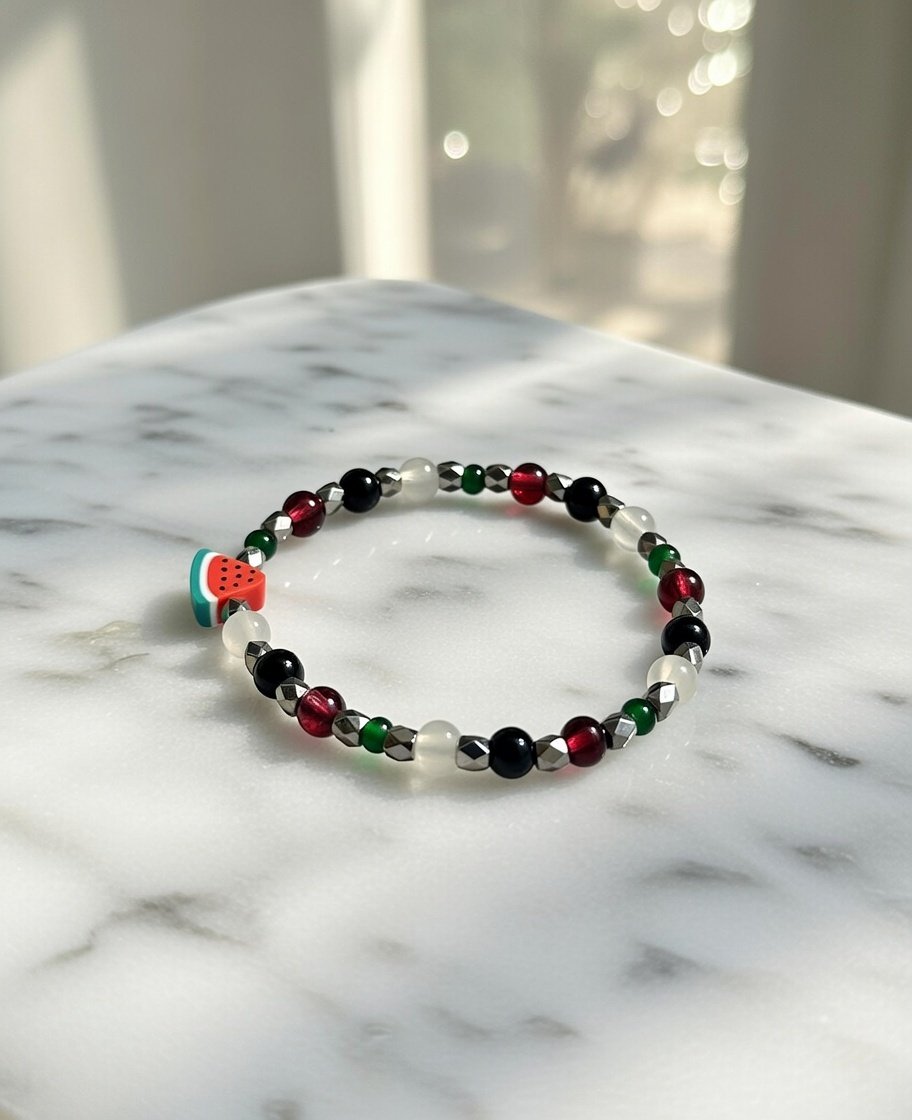 Bayt Jala Bracelet — Natural Stone Style Glass Bead Palestinian Bracelet in Flag Colors with Watermelon Charm