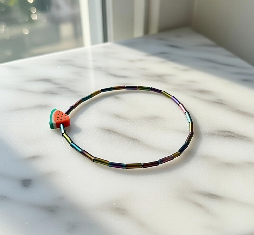 Bethlehem Bracelet — Iridescent Bugle Glass Bead Palestinian Heritage Bracelet with Watermelon Charm