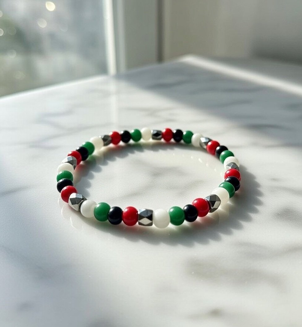Deir Al-Balah Bracelet — Palestinian Flag 4mm Glass Bead Bracelet with Silver Spacers for Gaza Solidarity