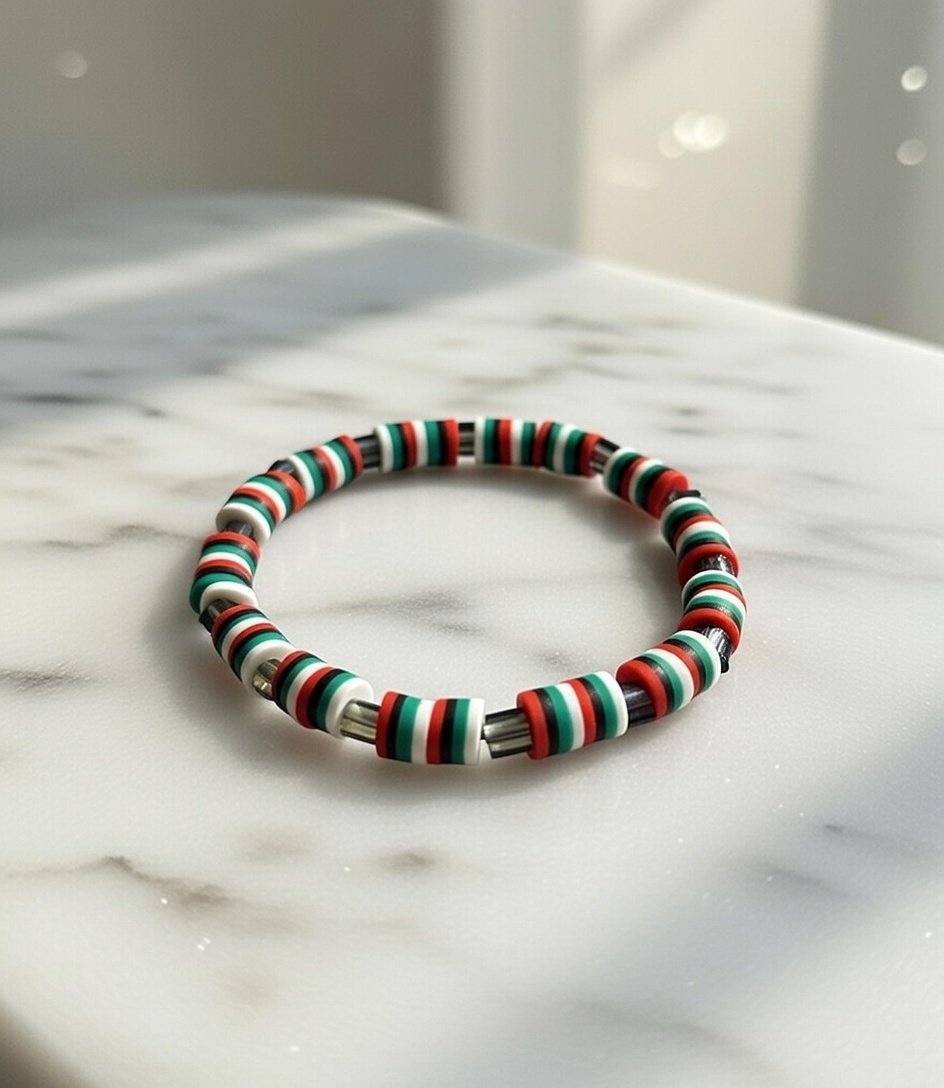 Deir Ghassaneh Bracelet — Palestinian Flag Clay Bead Bracelet with Grey Glass Spacers Handmade Jewelry