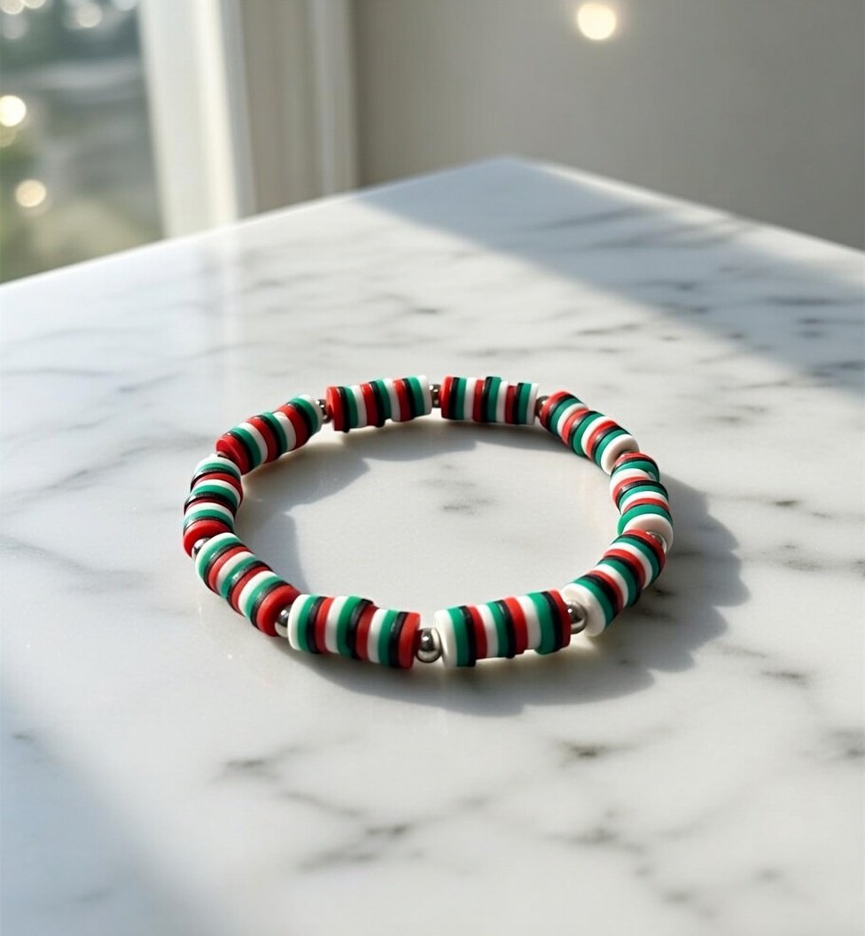 Deir Yassin Memorial Bracelet — Palestinian Flag Clay Disc Bead Bracelet with Silver Spacers and Watermelon
