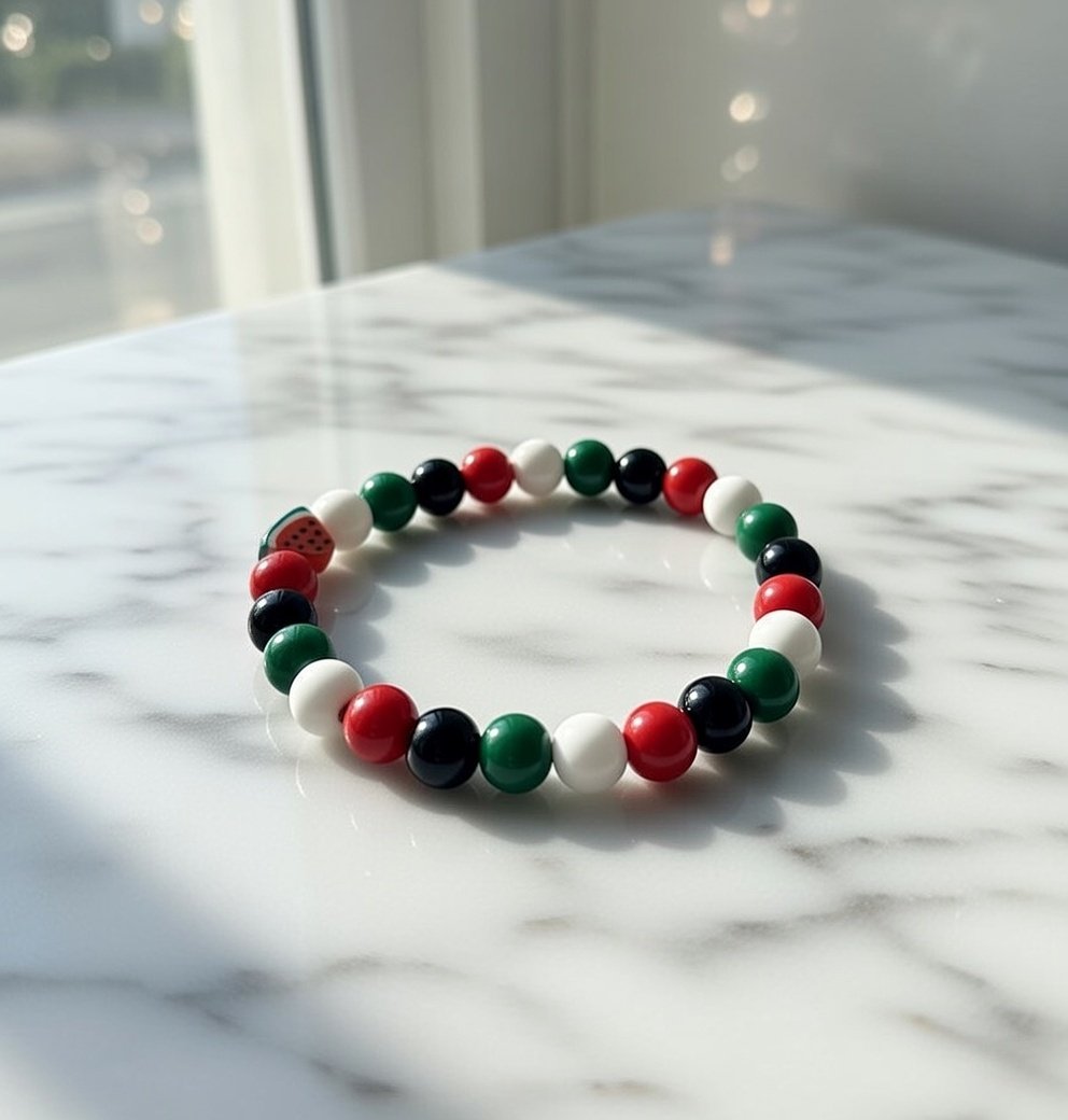 Gaza Bracelet — Palestinian Flag Pony Bead Bracelet with Watermelon Charm in Red Green Black White