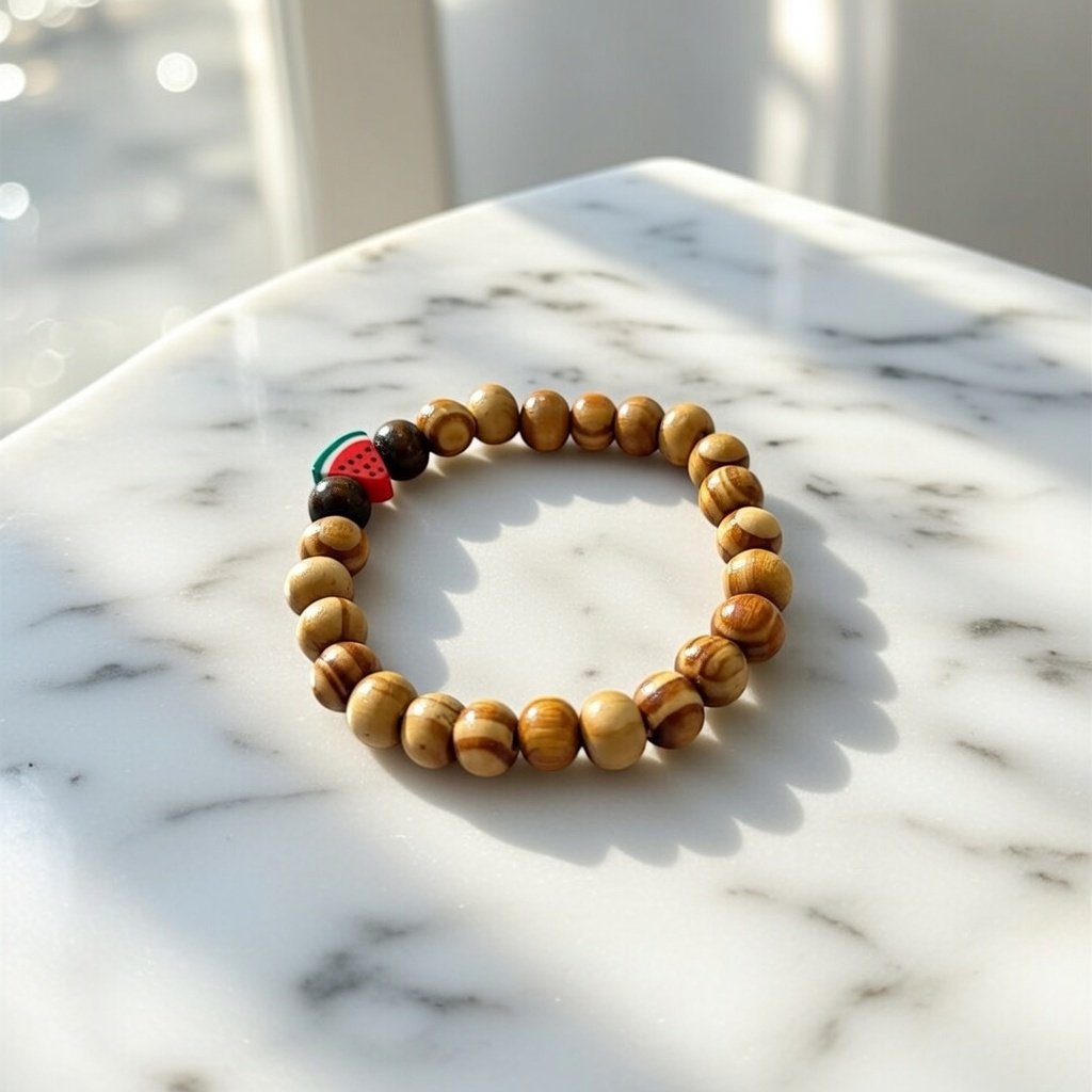 Jerusalem Al-Quds Bracelet — Natural Wood Bead Palestinian Solidarity Bracelet with Watermelon Charm