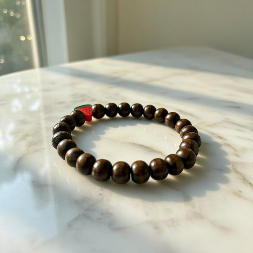 Khan Yunis Bracelet — Dark Polished Wood Bead Palestinian Bracelet with Watermelon Polymer Clay Charm
