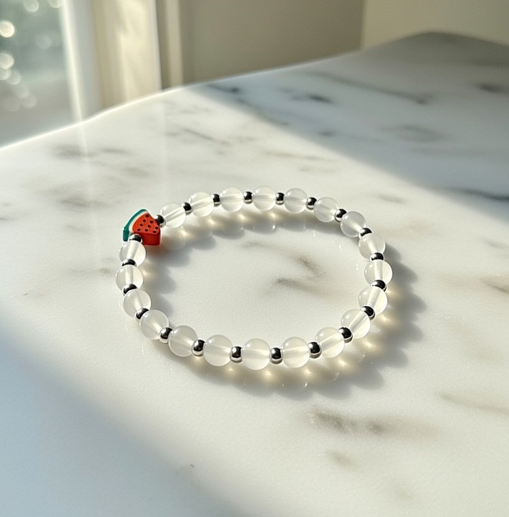 Rafah Bracelet — White Glass Bead Palestinian Solidarity Bracelet with Silver Spacers and Watermelon Charm