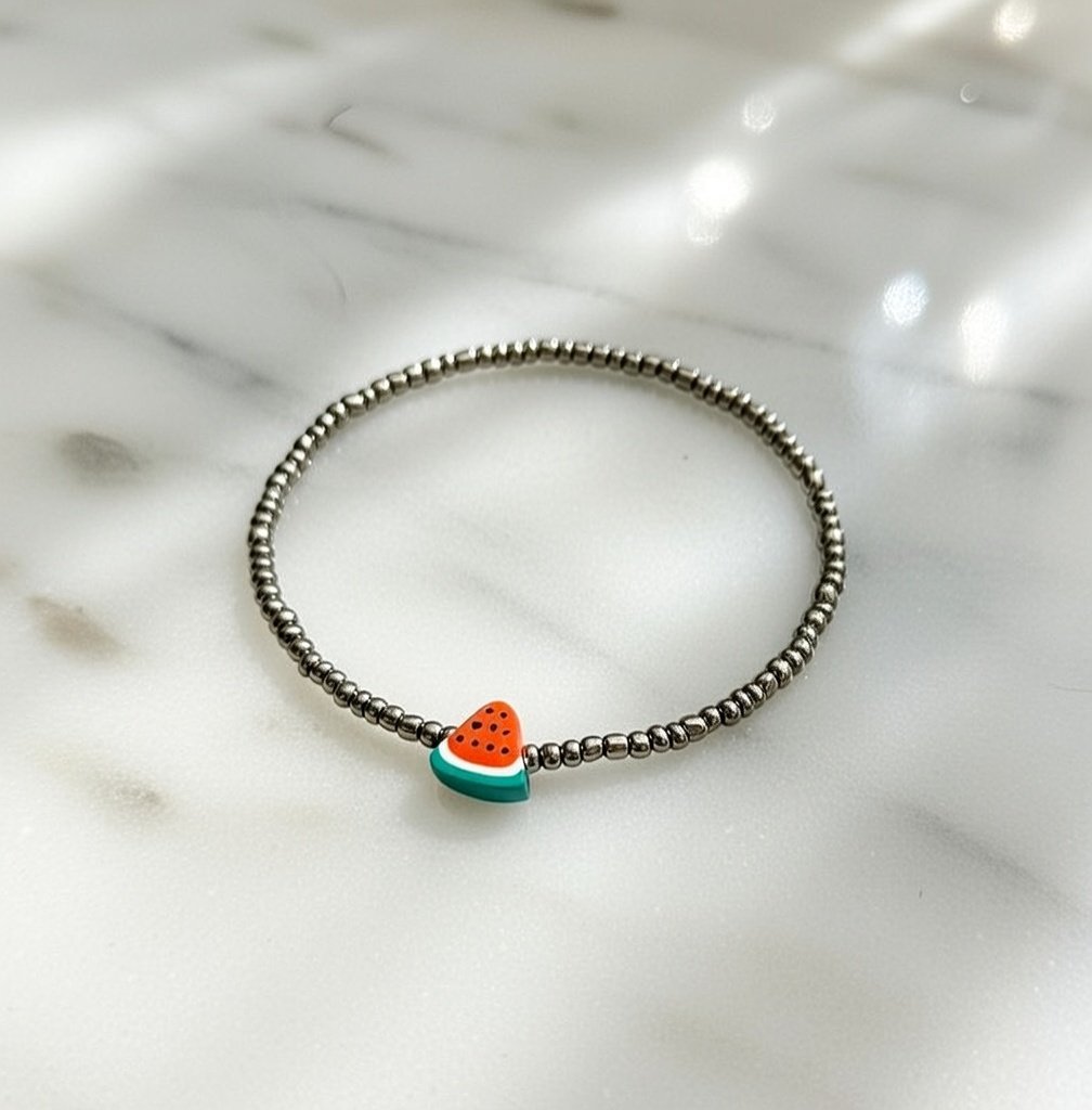 Ramallah Bracelet — Bright Silver Seed Bead Handmade Palestinian Bracelet with Clay Watermelon Charm